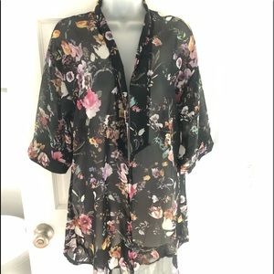 Loose Bat Sleeve Floral Chiffon Kimono Cape